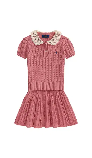 Polo Ralph Lauren Kids Two Piece Set Short-sleeve Cotton Cable-knit Collared Shirt With Matching Skirt | Thumbnail 1
