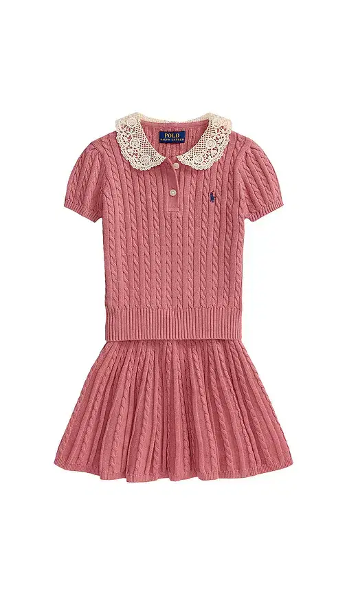 Polo Ralph Lauren Kids Two Piece Set Short-sleeve Cotton Cable-knit Collared Shirt With Matching Skirt