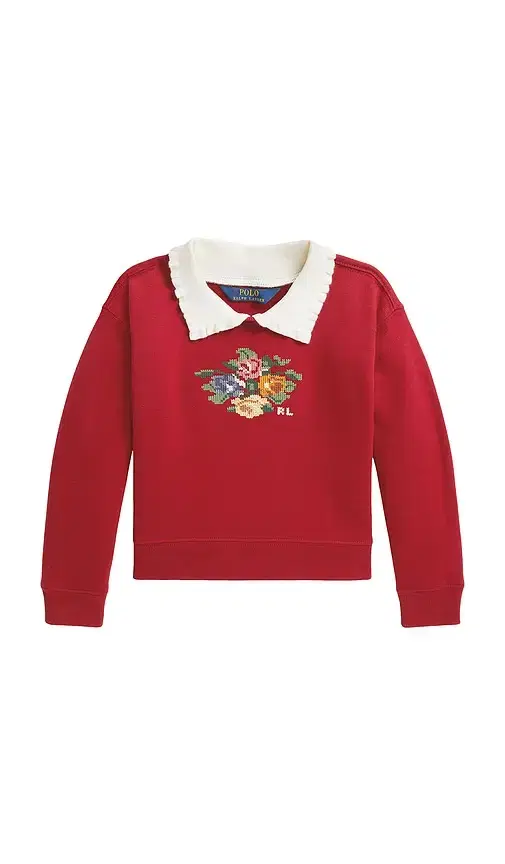Polo Ralph Lauren Kids Fleece Floral Printed Ruffle Collared Sweatshirt