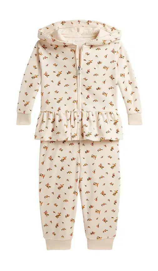 Polo Ralph Lauren Baby Two Piece Set Long Sleeve Velour Floral Printed Ruffle Full-zip With Jogger