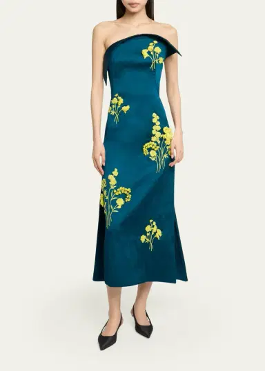 Erdem Sculptural Strapless Embroidered Textured Satin Midi Dress | Thumbnail 2