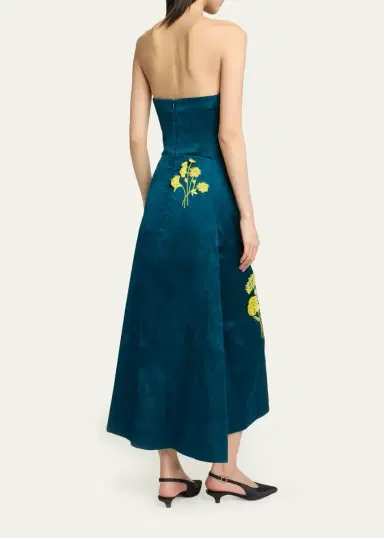 Erdem Sculptural Strapless Embroidered Textured Satin Midi Dress | Thumbnail 3