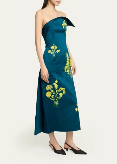 Erdem Sculptural Strapless Embroidered Textured Satin Midi Dress | Thumbnail 4