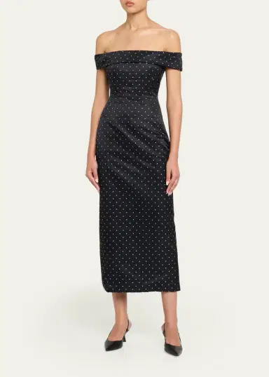 Lela Rose Polka-Dot Jacquard Off-The-Shoulder Midi Dress | Thumbnail 2