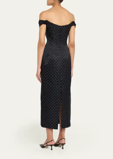 Lela Rose Polka-Dot Jacquard Off-The-Shoulder Midi Dress | Thumbnail 3