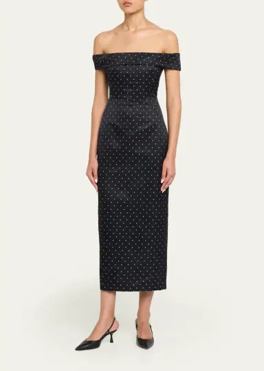 Lela Rose Polka-Dot Jacquard Off-The-Shoulder Midi Dress | Thumbnail 4