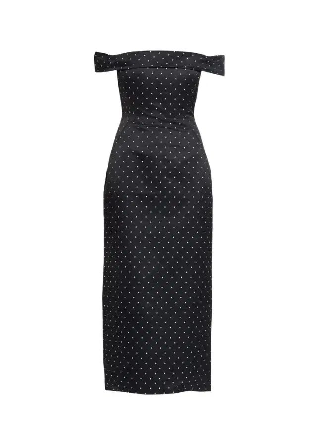 Lela Rose Polka-Dot Jacquard Off-The-Shoulder Midi Dress