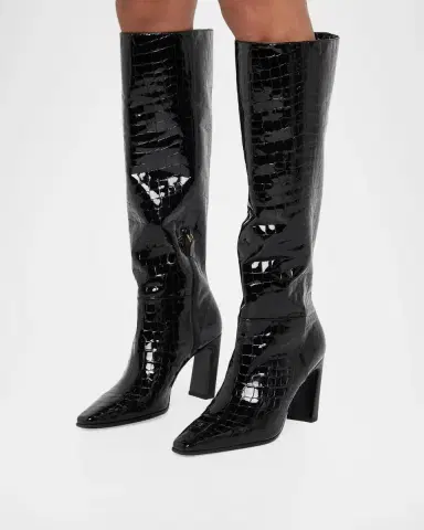 Stuart Weitzman 85mm Stassi Croco-Printed Patent Leather Knee-High Boots | Thumbnail 2