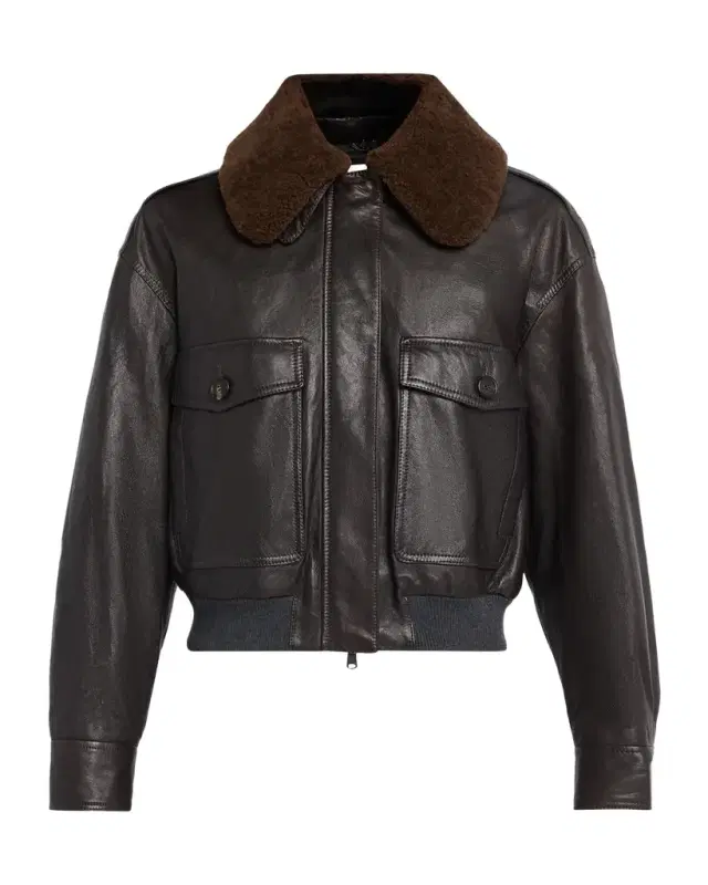 Brunello Cucinelli Waxed Leather Aviator Jacket With Lamb Shearling Collar