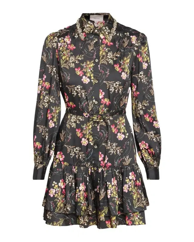 Cinq à Sept Love Letter Floral Belted Ruffle-Hem Mini Dress