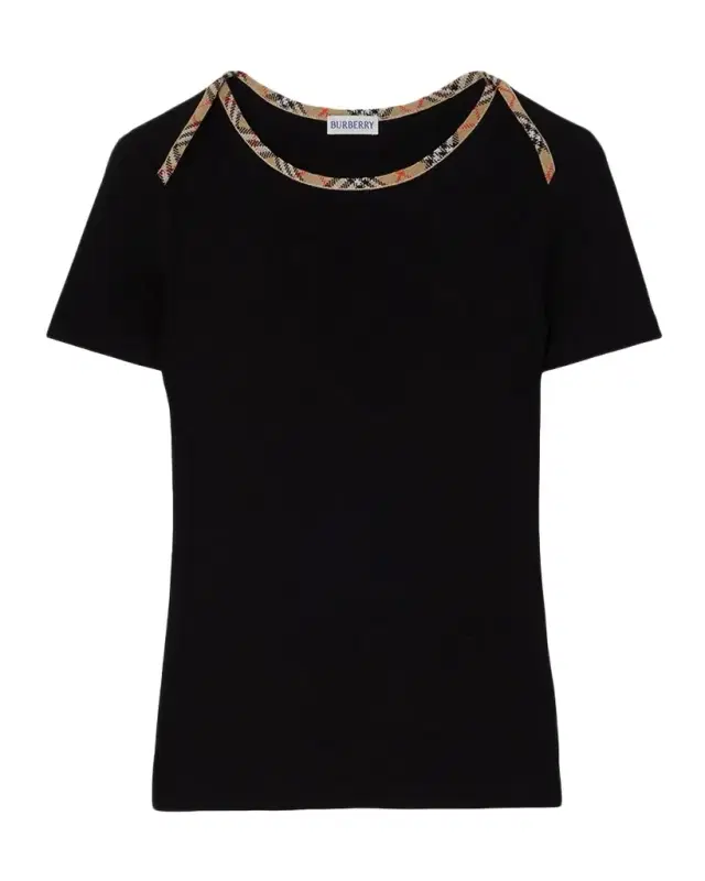 Stephanie Check-Trim Cotton Rib T-Shirt