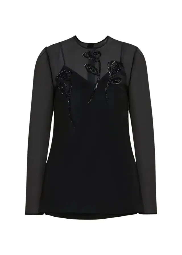 Carolina Herrera Embellished Semi-Sheer Long Sleeve Top