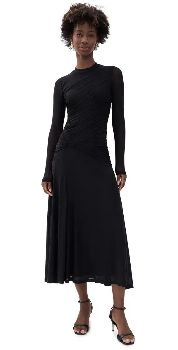 Wayf Selene Ruched Long Sleeve Dress Black