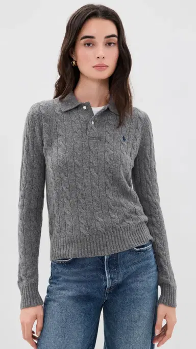 Polo Ralph Lauren Cable Knit Polo Sweater Flannel Grey Heather | Thumbnail 2 Polo Ralph Lauren Cable Knit Polo Sweater Flannel Grey Heather | Thumbnail 2