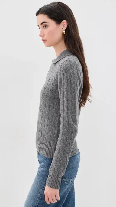 Polo Ralph Lauren Cable Knit Polo Sweater Flannel Grey Heather | Thumbnail 4 Polo Ralph Lauren Cable Knit Polo Sweater Flannel Grey Heather | Thumbnail 4