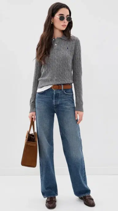 Polo Ralph Lauren Cable Knit Polo Sweater Flannel Grey Heather | Thumbnail 5 Polo Ralph Lauren Cable Knit Polo Sweater Flannel Grey Heather | Thumbnail 5
