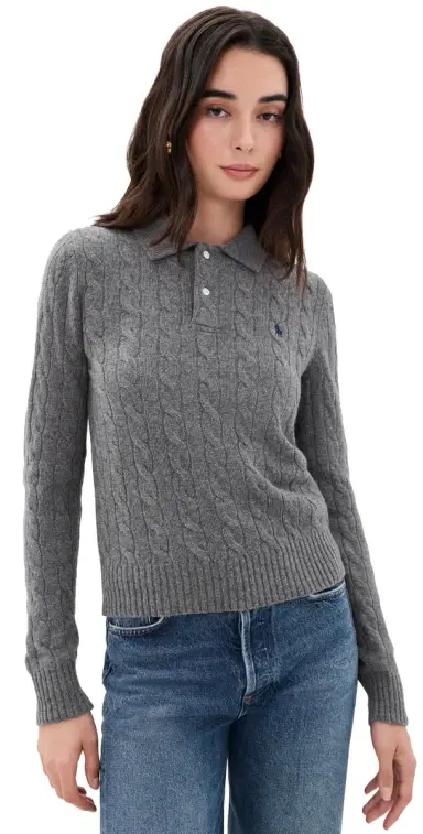 Polo Ralph Lauren Cable Knit Polo Sweater Flannel Grey Heather | Thumbnail 1 Polo Ralph Lauren Cable Knit Polo Sweater Flannel Grey Heather | Thumbnail 1