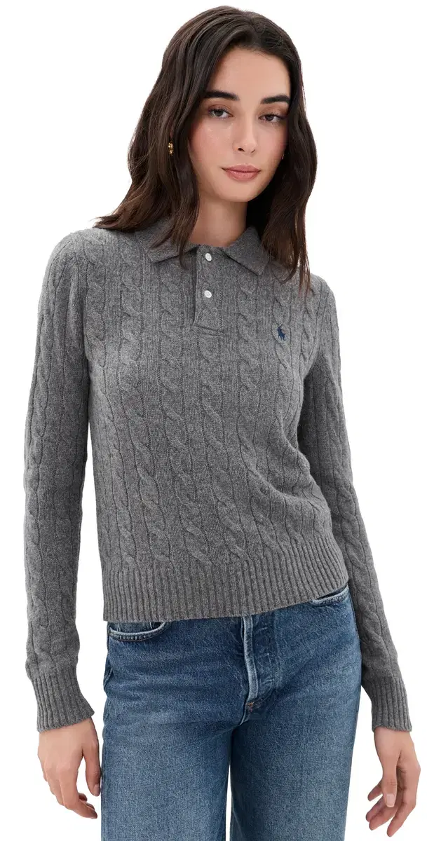 Polo Ralph Lauren Cable Knit Polo Sweater Flannel Grey Heather