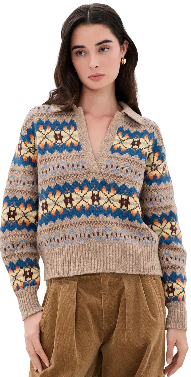 Polo Ralph Lauren Wool Blend Collared Sweater Tan Multi