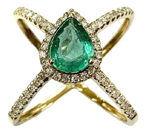 Wish Fine Jewelry 1.6ct Diamond Emerald 18K Gold Pear X Ring