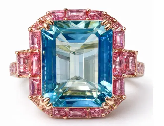 Wish Fine Jewelry 14.26ct Diamond Blue Topaz Pink Sapphire 18K Gold Halo Ring
