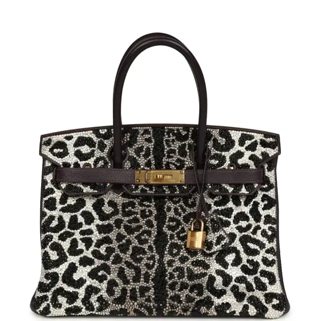 HERMÈS Custom Leopard Swarovski Crystal Hermes Birkin 30 Raisin Togo Gold Hardware