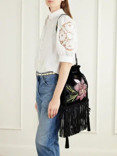 Valentino Garavani Sequin And Bead-embellished Fringed Velvet Drawstring Shoulder Bag | Thumbnail 2 Valentino Garavani Sequin And Bead-embellished Fringed Velvet Drawstring Shoulder Bag | Thumbnail 2