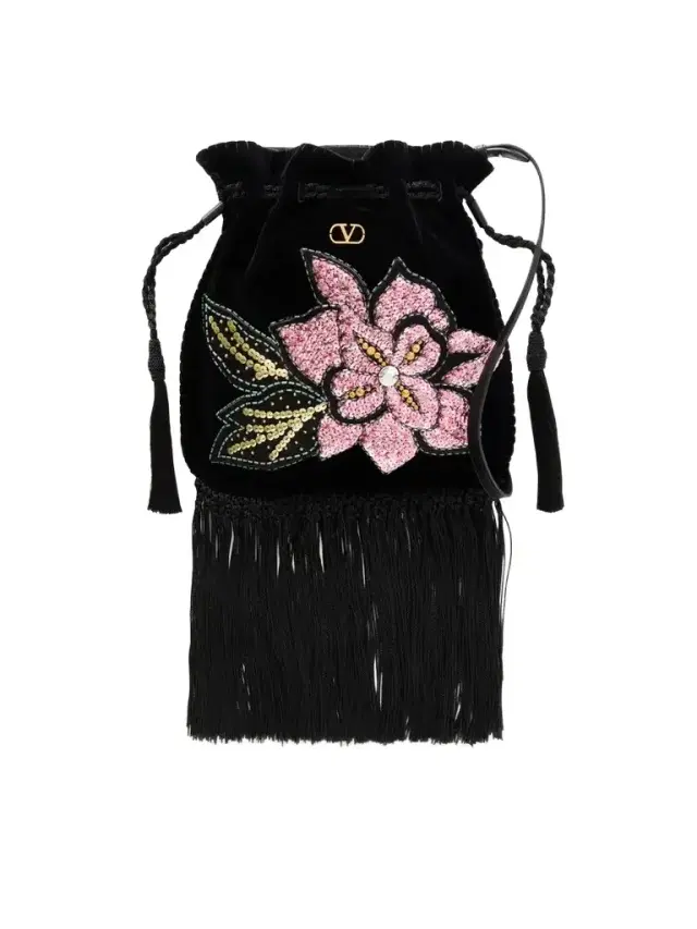 Valentino Garavani Sequin And Bead-embellished Fringed Velvet Drawstring Shoulder Bag