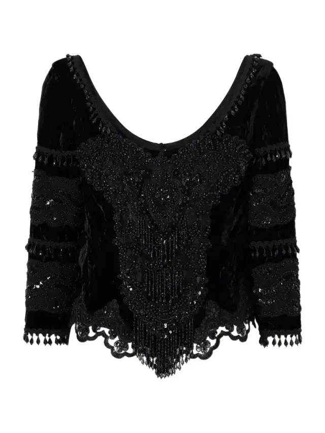 ANNA SUI Fringed Bead-embellished Lace-trimmed Velvet Blouse