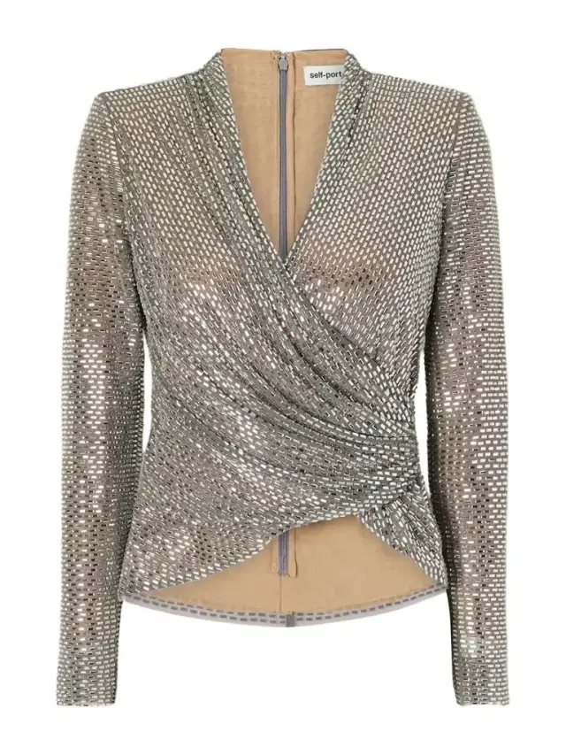 Self-Portrait Crystal-embellished Gathered Mesh Blouse