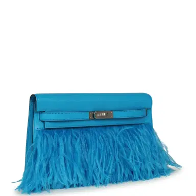 HERMÈS Hermes Kelly Elan Foile Bleu Frida Chevre Chamkila and Ostrich Feathers Palladium Hardware | Thumbnail 2