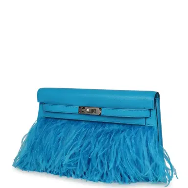 HERMÈS Hermes Kelly Elan Foile Bleu Frida Chevre Chamkila and Ostrich Feathers Palladium Hardware | Thumbnail 5