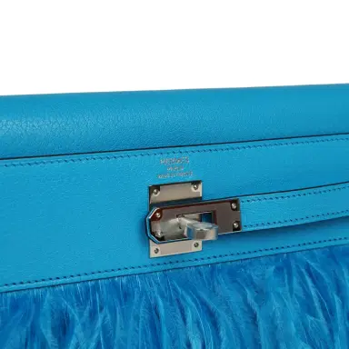 HERMÈS Hermes Kelly Elan Foile Bleu Frida Chevre Chamkila and Ostrich Feathers Palladium Hardware | Thumbnail 7