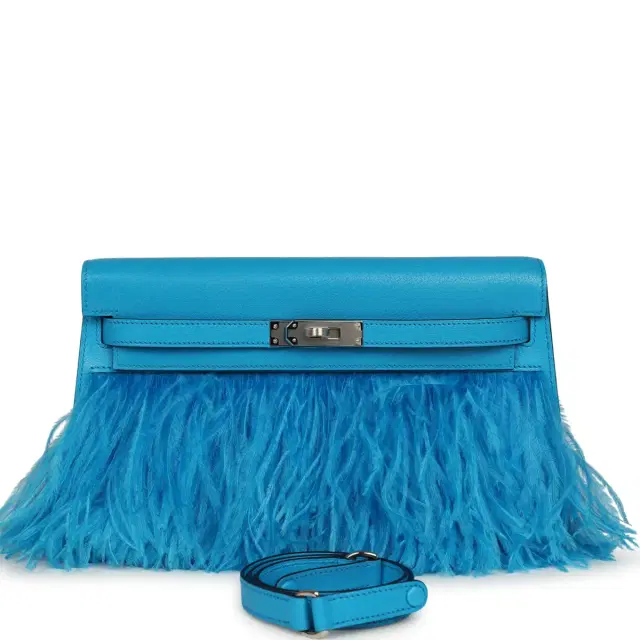 HERMÈS Hermes Kelly Elan Foile Bleu Frida Chevre Chamkila and Ostrich Feathers Palladium Hardware