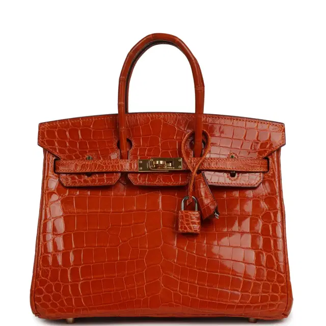 HERMÈS Vintage Hermes Birkin 25 Pain D'Epice Shiny Niloticus Crocodile Gold Hardware