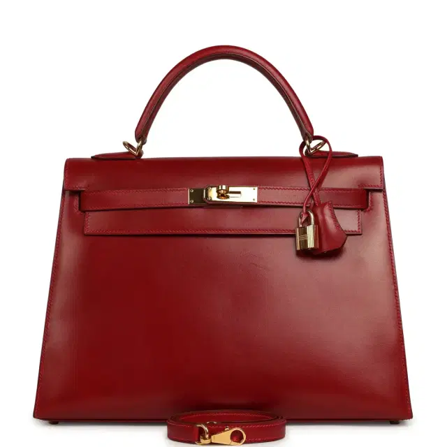 Vintage Hermes Kelly Sellier 32 Rouge Vif Box Gold Hardware