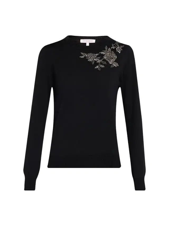 Carolina Herrera Women's Embellished Silk-Cotton Crewneck Sweater - Black