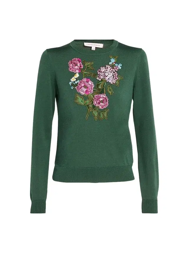 Carolina Herrera Women's Floral-Embroidered Silk-Cotton Crewneck Sweater - Racing Green