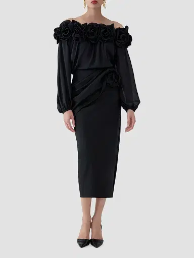 Carolina Herrera Women's Draped 3D-Rose Virgin Wool-Blend Midi Skirt - Black | Thumbnail 2