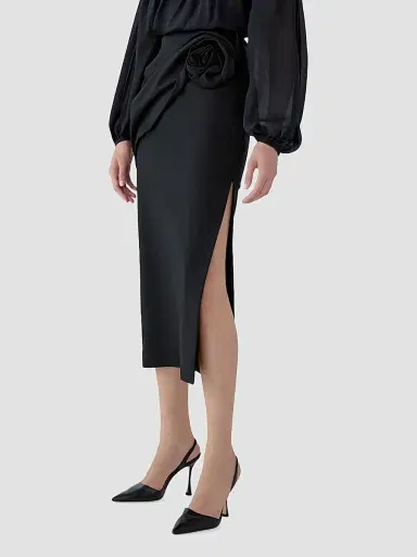 Carolina Herrera Women's Draped 3D-Rose Virgin Wool-Blend Midi Skirt - Black | Thumbnail 4