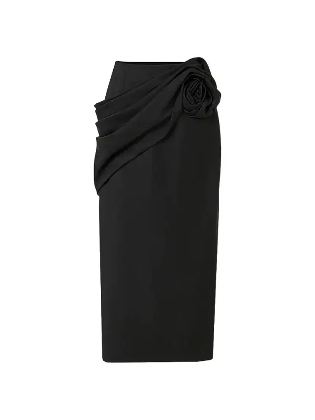 Carolina Herrera Women's Draped 3D-Rose Virgin Wool-Blend Midi Skirt - Black