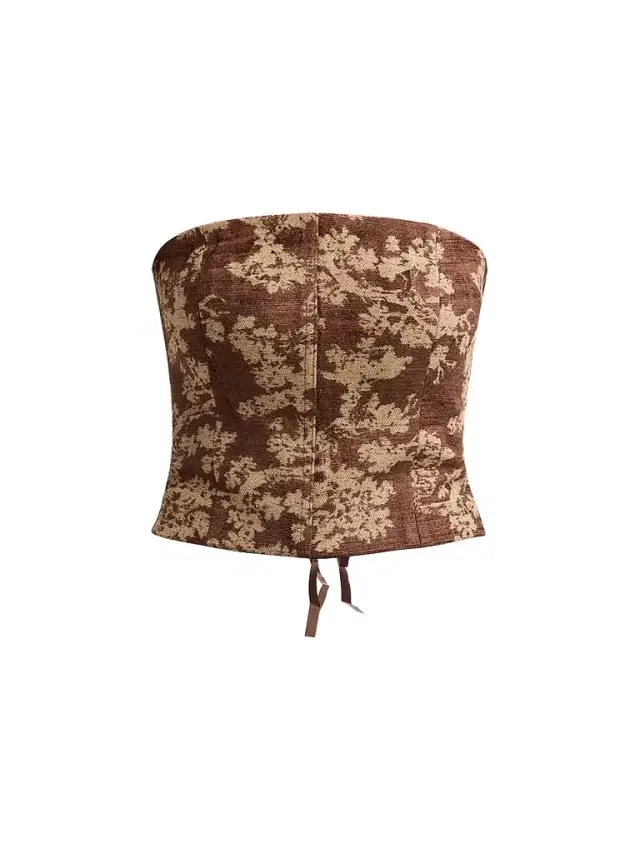 L'Agence Women's Paulette Floral-Jacquard Lace-Up Strapless Top - Brown Floral Tapestry