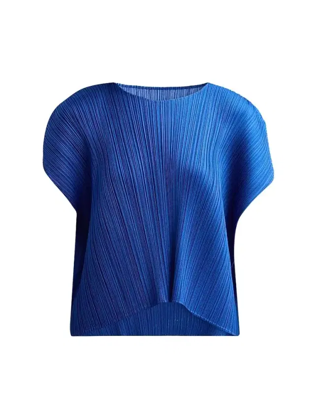 Pleats Please Issey Miyake Women's Round Neck Pleated Top - Blue