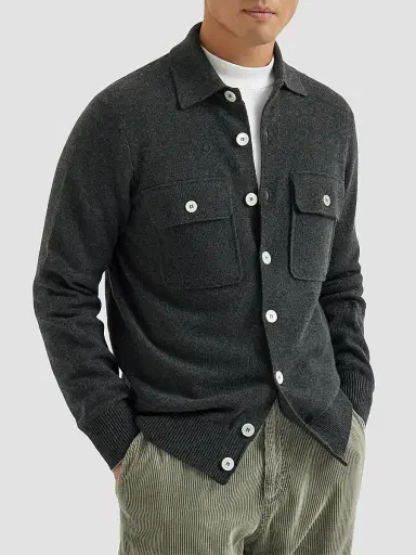 Brunello Cucinelli Men's Cashmere Shirt-Style Cardigan with Chest Pockets - Stone Grey | Thumbnail 2 Brunello Cucinelli Men's Cashmere Shirt-Style Cardigan with Chest Pockets - Stone Grey | Thumbnail 2