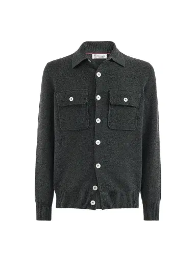 Brunello Cucinelli Men's Cashmere Shirt-Style Cardigan with Chest Pockets - Stone Grey | Thumbnail 1 Brunello Cucinelli Men's Cashmere Shirt-Style Cardigan with Chest Pockets - Stone Grey | Thumbnail 1