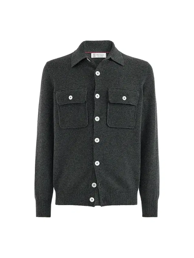 Brunello Cucinelli Men's Cashmere Shirt-Style Cardigan with Chest Pockets - Stone Grey