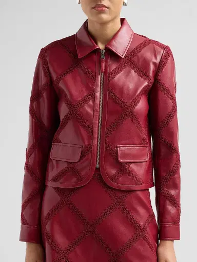 Cinq à Sept Women's Audree Crochet-Trim Faux Leather Jacket - Berry Wine | Thumbnail 5