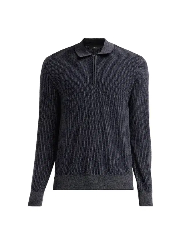 Vince Men's Geometric Jacquard Wool Quarter-Zip Polo Shirt - Coastal Medh Grey