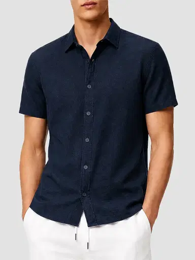 Onia Men's Stretch Linen-Blend Short-Sleeve Shirt - Navy - Size XXL | Thumbnail 3