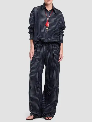 TWP Women's Striped Silk Pajama Pants - Blue Nights Turkish Coffee | Thumbnail 2 TWP Women's Striped Silk Pajama Pants - Blue Nights Turkish Coffee | Thumbnail 2